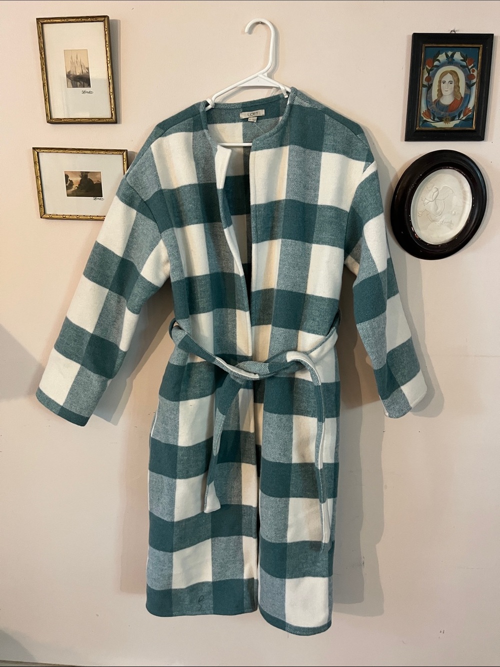 LOFT Teal and White Plaid Belted Robe